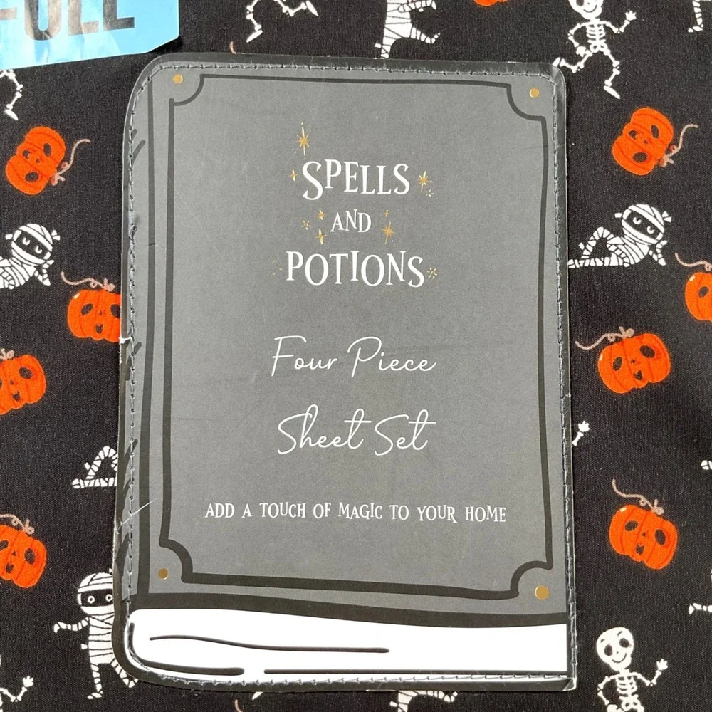 Spells and Potions Halloween Full Sheet Set Skeletons Mummies Pumpkins 4pc Black